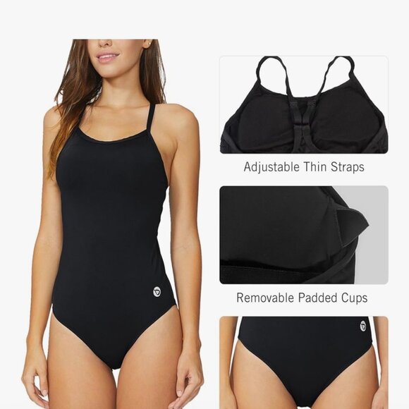 Women's Athletic Training Adjustable Strap One Piece Swimsuit Swimwear Black- L - Picture 5 of 6